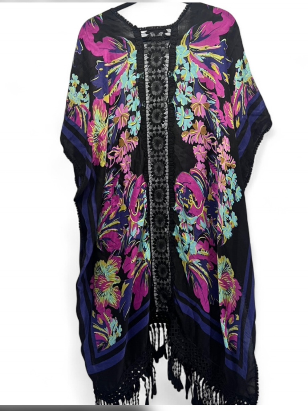 Woven Heart Gorgeous Black Floral Fringe Kimono with Pink & Teal Flowers - Picture 4 of 10